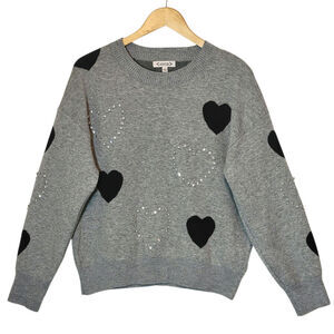 Nanette Lepore Gray Heart Knit Sweater Rhinestone Studs Cozy Casual Chic Size L